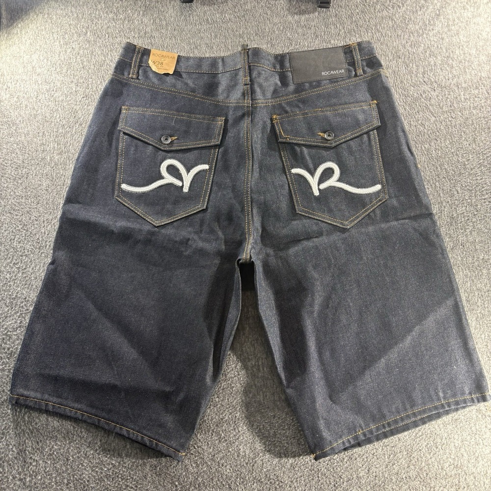 Rocawear Men's Denim Shorts Size 38 Blue Y2K Baggy Flap Pockets